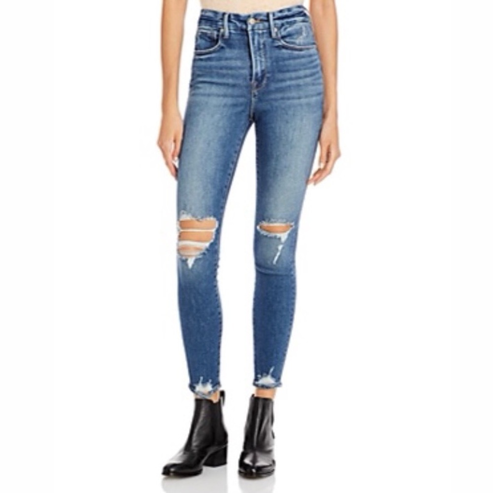 Good American Good Waist Jeans High Rise Medium Wash Distressed Blown Knees